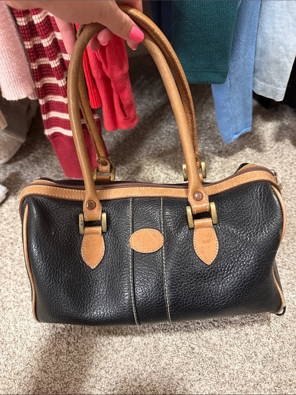 Dooney & Bourke Black Pebbled Leather Satchel with Tan Trim